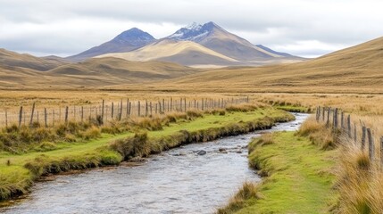 Serene Andean Landscape with Mountain Peaks and Flowing River Scenery