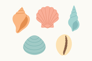 Pastel seashell collection conch scallop spiral and cowrie on cream