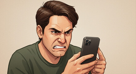 Frustrated male scowling while holding smartphone in casual setting. Man frowning at phone screen