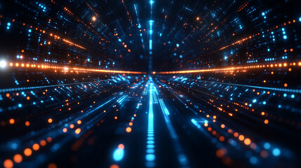 Obraz premium Futuristic Data Stream with Glowing Blue and Orange Lights in Digital Space