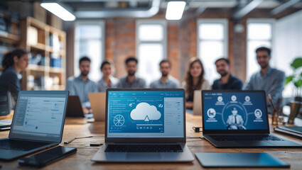 A group of professionals are collaborating on a project, using laptops and cloud technology in a modern office space