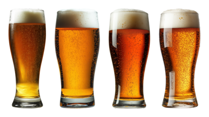 Four glasses of golden beer with frothy white heads and many bubbles on black transparent background