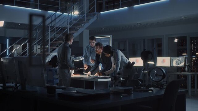 Engineers Gather at a Central Table, Reviewing Printed Schematics and Digital Diagrams on Monitors. the Group Discusses Technical Specifications, Referencing Documents and Data 