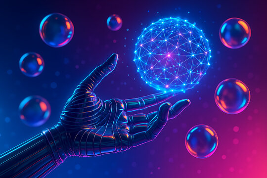A shiny metallic robotic hand is holding a glowing blue sphere made of interconnected lines and surrounded by floating bubbles