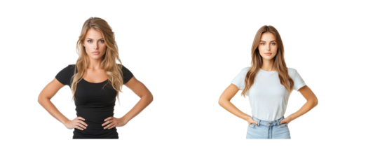 Two women in casual and formal clothing standing with hands on hips