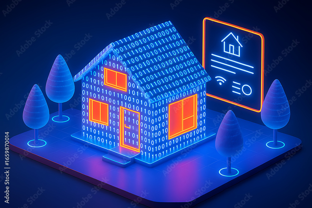 Poster a glowing blue neon smart house with binary code flowing on a digital grid with an icon and wifi sig