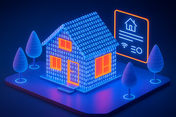 A glowing blue neon smart house with binary code flowing on a digital grid with an icon and wifi signals next to it