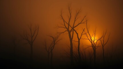 Obraz premium Spooky Sunset Bare Trees Silhouetted Against an Orange Sky, Atmospheric and Mysterious