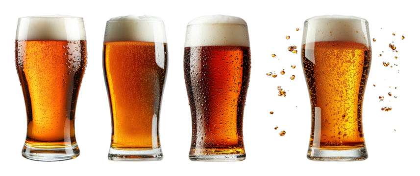 Four tall glasses of amber beer with frothy heads and condensation beverage transparent background