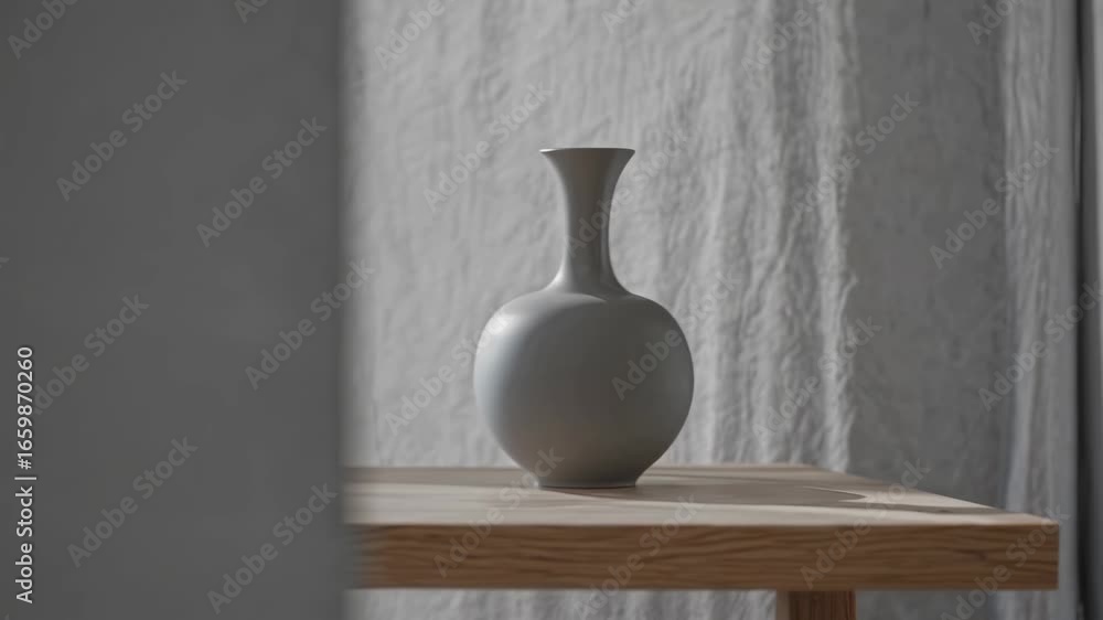 Poster minimalistic scene featuring a simple gray vase on a wooden table with a soft textured background an