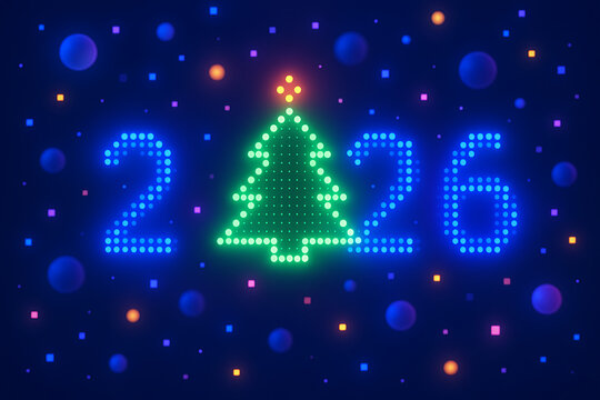 A vibrant and festive blue background with a bright green Christmas tree and numbers 2026 glowing in neon blue lights