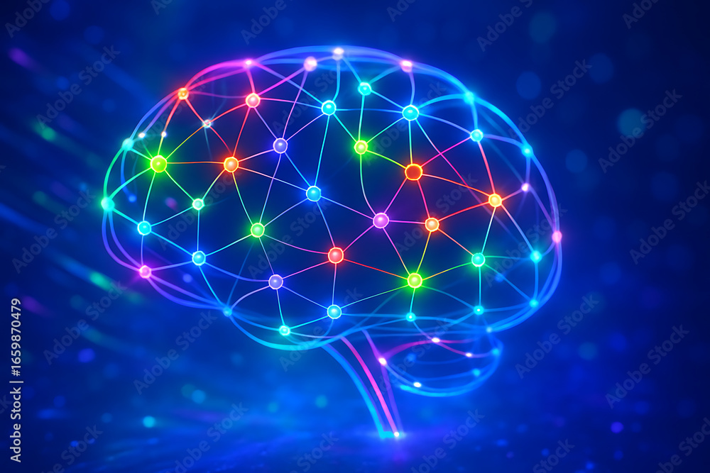 Poster a vibrant and colorful glowing illustration of a human brain with a network of nodes and connected g
