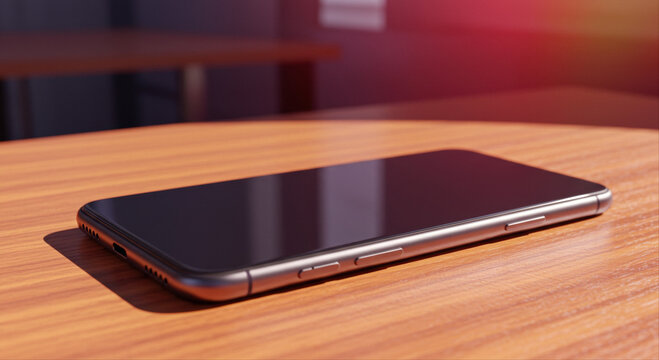 Modern phone lying face down on wooden table with natural sunlight  