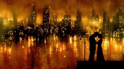 Romantic evening silhouette in a stylized city backdrop with golden reflections and a solitary