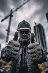 Fototapeta premium Construction worker gives thumbs up at a building site, symbolizing success and reliability. Good job.