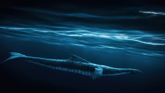 An aquatic animal swims in deep water under wavy light possibly a mosasaur
