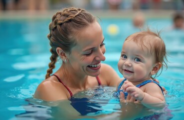 Happy blonde mother, baby enjoy swimming lesson in clear blue pool water. Woman with braided hair smiles at cute toddler learning to swim. Family fun, active parent-child bonding, water safety
