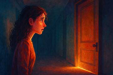 Young woman staring anxiously at a glowing closed door in a dark hallway  