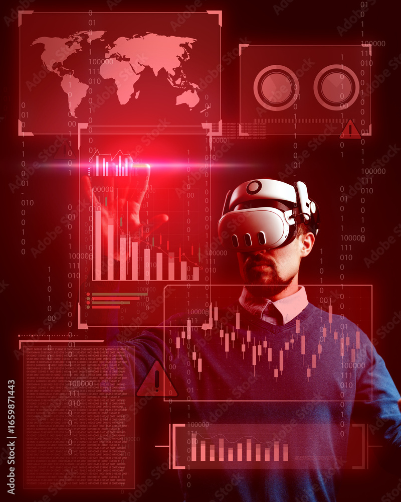 Poster virtual reality user interacts with data visualization and analytical graphs in a modern workspace e