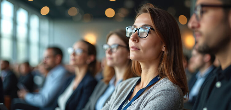 Pro people listen to keynote speaker at conference in modern meeting environment. Female attendee with glasses looks intently. Business seminar audience in corporate setting. Leadership, team