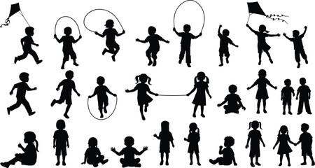 Silhouette children in playful activities, running, jumping rope, flying kites, sitting, standing, dynamic movement, childhood play, outdoor fun illustration