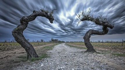 Dramatic Trees and Sky Landscape in Rural Setting Offering a Sense of Mystery and Wonder