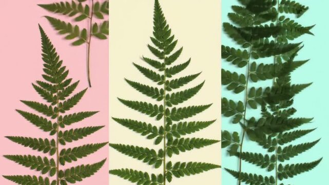 Elegant botanical triptych composition featuring delicate green fern fronds arranged on soft pastel pink, yellow, and blue paper.