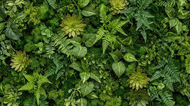 Lush green wall background with diverse foliage including succulents ferns and moss providing a rich natural and organic texture