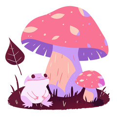 Charming fairytale frog with mushrooms and autumn leaves, children’s storybook illustration
