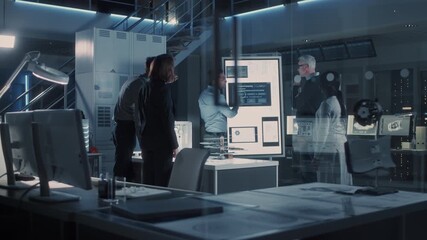 Group of Scientists Talk about Data Show on Digital Whiteboard, Reviewing Technical Diagrams and Data. Team Discusses Project Details of Engineering Analysis. - Powered by Adobe