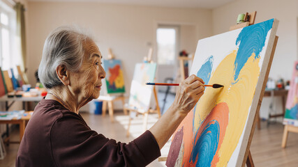 Senior asian woman painting abstract art on canvas in bright studio, expressing creativity and joy