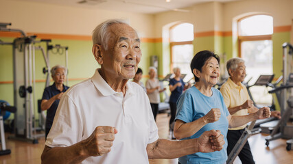 Senior group exercise class led by elderly man in fitness center promoting health and wellness