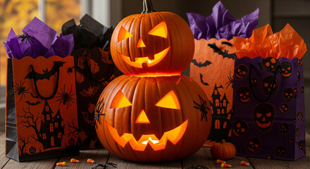 A festive, AI-generated scene featuring a large stack of glowing jack-o'-lanterns surrounded by colorful shopping bags
