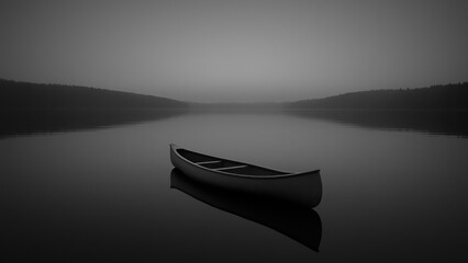 Solitary canoe on misty lake