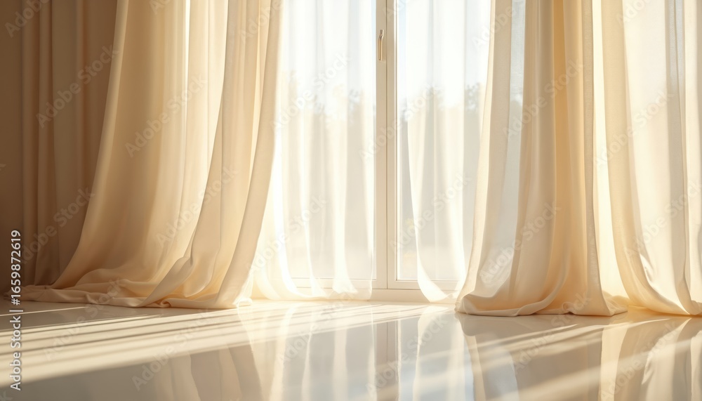 Poster sunlight illuminates sheer curtains casting shadows on polished floor. window view creating calm, pe