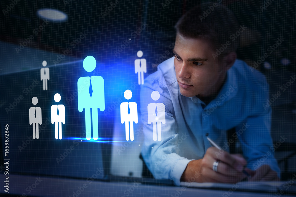 Poster innovative professional analyzing data and trends using technology in a modern workspace