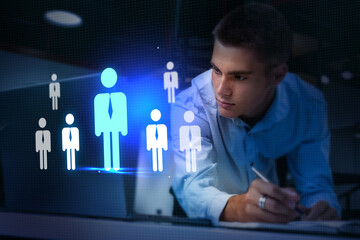 Innovative professional analyzing data and trends using technology in a modern workspace