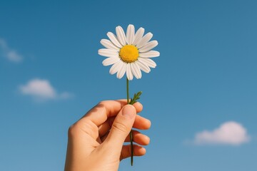 Hand holding single daisy flower.