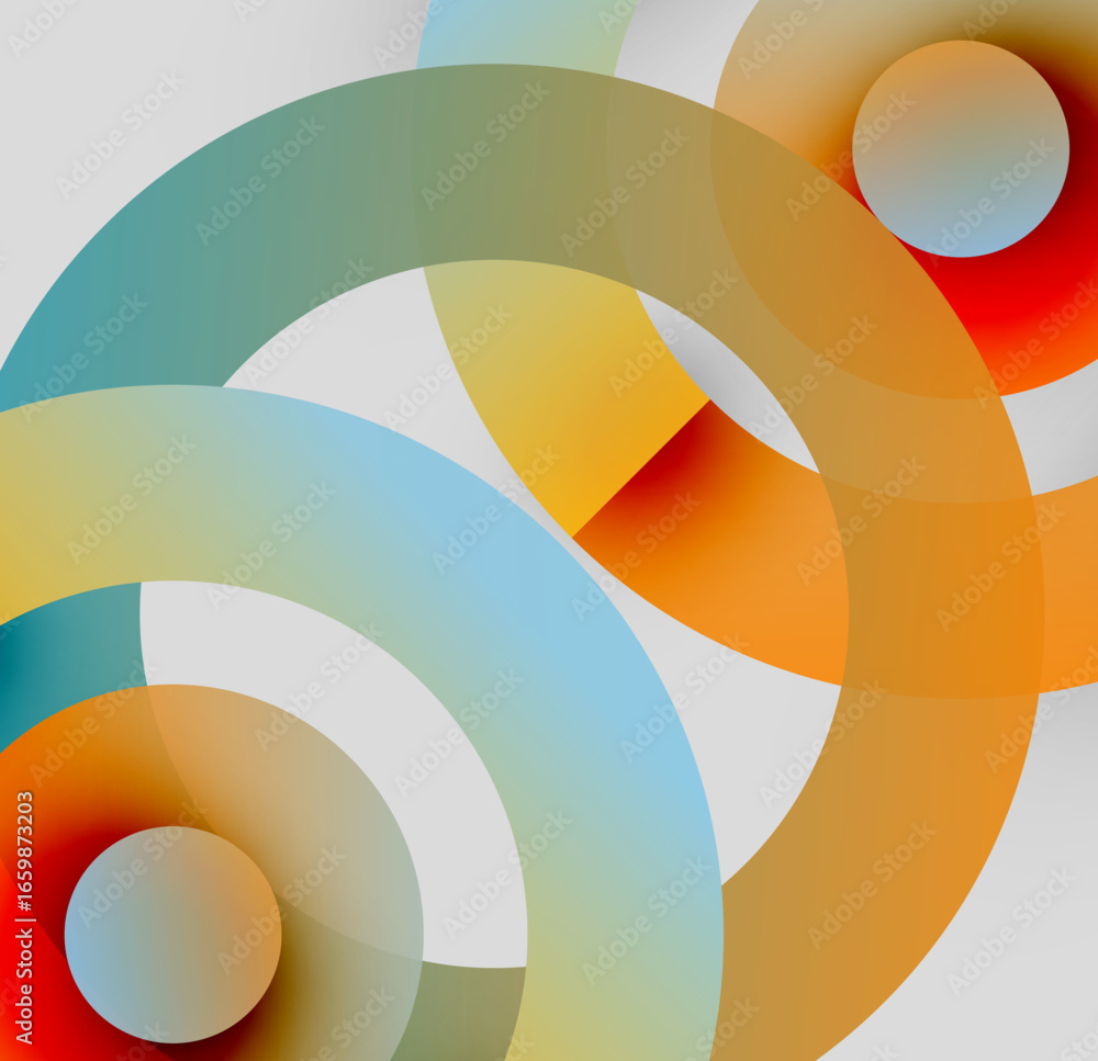 Poster abstract composition. overlapping circles create dynamic visual effect. warm, cool colors blend, for