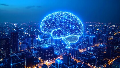 Abstract glowing brain silhouette formed by a neural network over an interconnected smart city at night