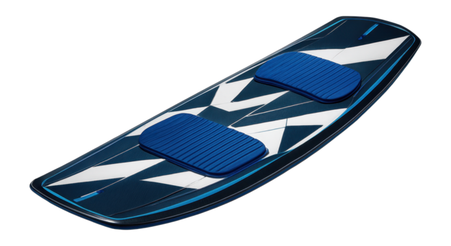 Wakeboard with a rocker profile and blue and white geometric design