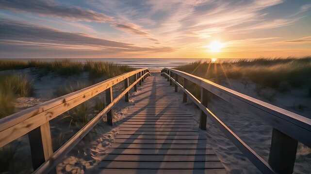 A serene forward tracking shot along a wooden boardwalk through sandy dunes leading to a beautiful ocean sunset with warm golden light