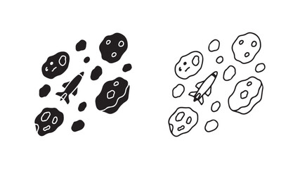 Rocket ship flying through asteroid field