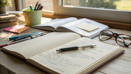 Notes and study materials arranged on a desk with a window view during daylight hours in a comfortable study space
