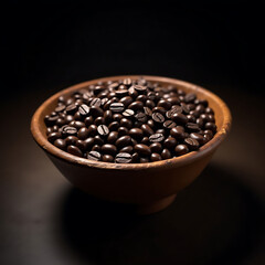 Close-up of coffee beans in a wooden bowl.