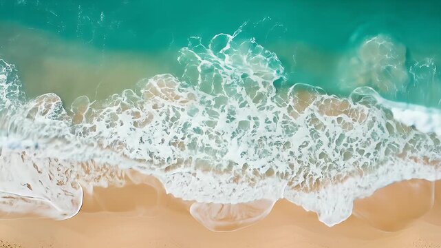 Aerial top down view of beautiful turquoise ocean waves crashing on a sandy beach creating a peaceful and relaxing summer vacation scene