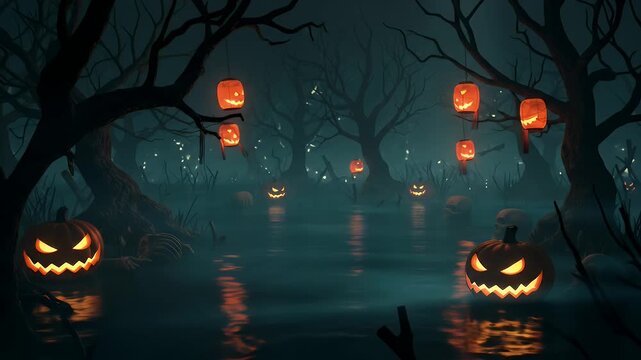 Glowing Pumpkins Floating in Spooky Forest Pond at Night