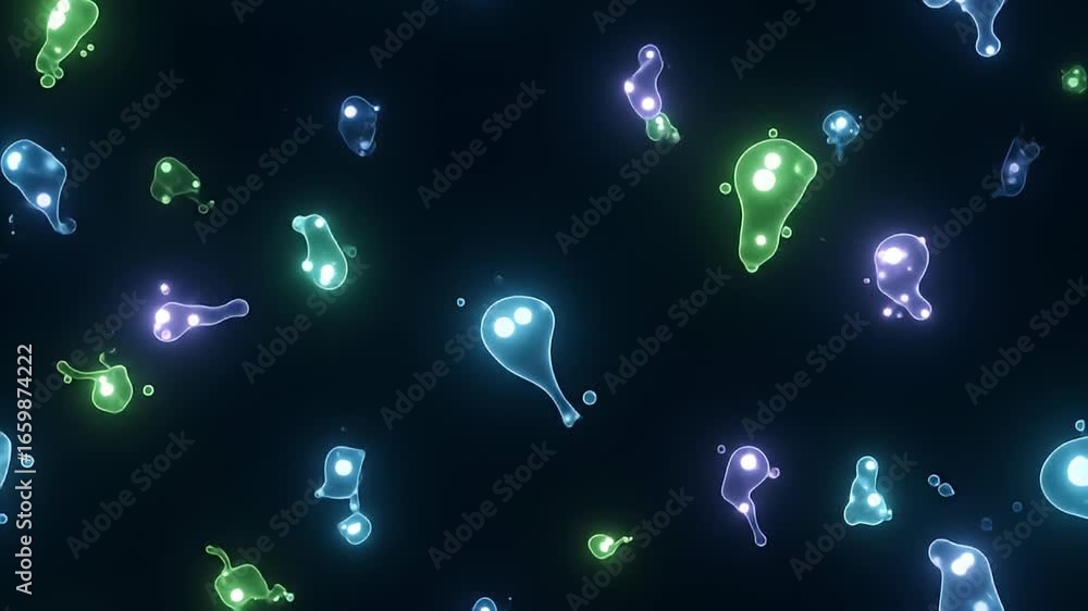 Poster floating abstract colorful liquid cells animation on dark background