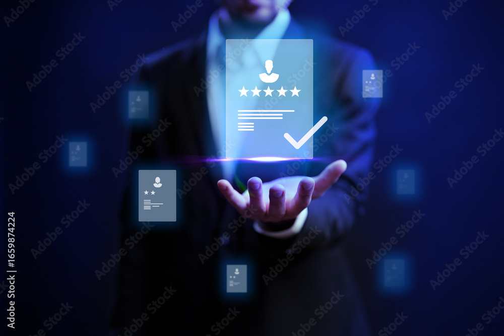 Poster professional man showcasing digital credentials and reviews in a modern setting with a technology fo