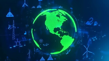 Global data visualization, glowing green Earth with blue tech icons - Powered by Adobe